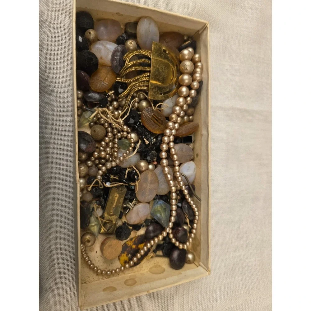 Antique Box Of Beads, Crystals Gold Tone Metal. Lot